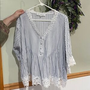 Chelsea & Theodore White and Navy Striped Lace-Trim Peasant Blouse